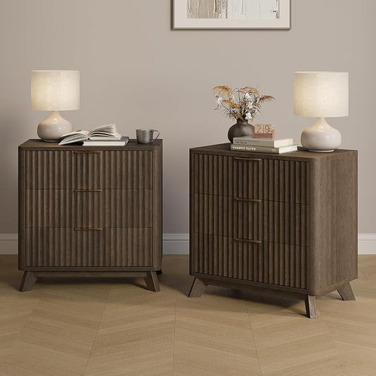 24" Tall Fluted NightStand Set of 2,Modern End Table with Metal Handle,3 Drawers Side Table with Storage, Night Stand Wood Bedside Tables for Bedroom,Curved Profile Design,Walnut by TROJMHome