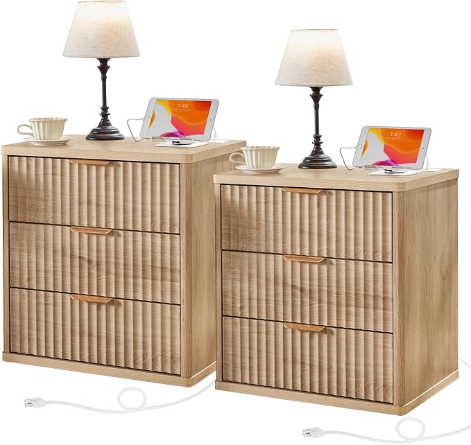 LEYAOYAO 23" Wide Fluted Farmhouse Night Stand Set of 2 with Charging Station, 3 Drawers Large End Table w/Metal Handle, Natural Nightstand Bedside Table,Wood Dresser for Bedroom, Closet by LEYAOYAO-Findtheshiningpointofyourideallife%EF%BC%81