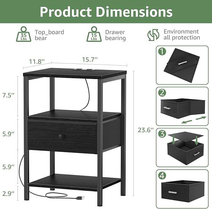 BOLUO Black Nightstand with Charging Station, LED Night Stand with Fabric Drawers and Shelf, Bedside Table with USB Ports and Outlets, Bedroom Nightstand Modern - Image 3