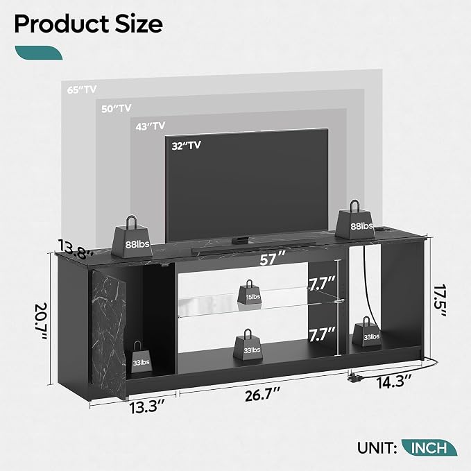 Bestier TV Stand with Power Outlets for Bedroom, Gaming TV Stand for 65inch TV, Black Entertainment Center for PS5, TV Console with Adjustable Glass Shelves for Living Room, Black Marble - Image 2