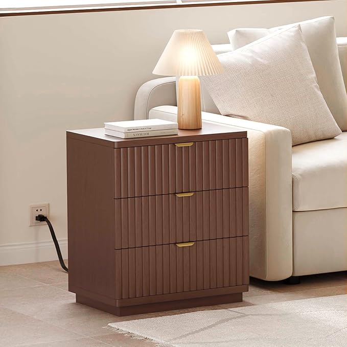 Nightstand with Charging Station, Wood Night Stand with 3 Drawers Storage Bedside Table Large Fluted Bed Side End Table, Modern Nightstand for Bedroom Living Room (Walmut) - Image 3