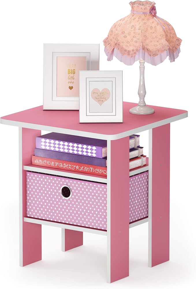 Furinno ANDREY Side Table, End Table, Night Stand with Open Shelves and Storage Bin, Bedside Table, for Living Room, Bedroom, Pink by Furinno-FitsYourSpaceFitsYourBudget
