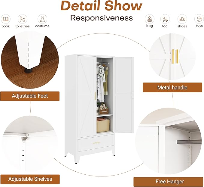 Metal Armoire Wardrobe Closet with 1 Drawer, 71" Wardrobe Cabinet with 1 Adjustable Shelf & 1 Hanging Rod for Bedroom, White Metal Closet Storage Cabinet with 2 Doors & Drawers