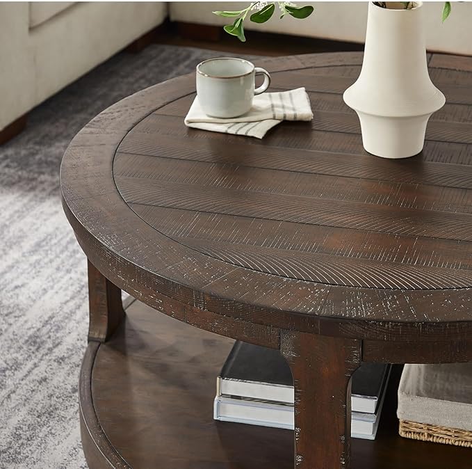Coffee Table Round Wood 40" Modern Coffee Tables for Living Room Brown Circle Center 2-Tier Solid Desktop Accent with Shelf Storage Minimalistic Design Home Furniture Apartment Office Easy to Assemble