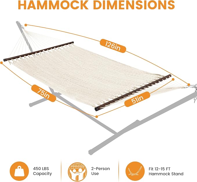 Lazy Daze Hammocks 10.5 FT Double 2 Person Caribbean Rope Hammock, Hand Woven Polyester Hammock with Spreader Bars, for Outside Outdoor Backyard Patio Poolside, 450 LBS Capacity, Cream - Image 6