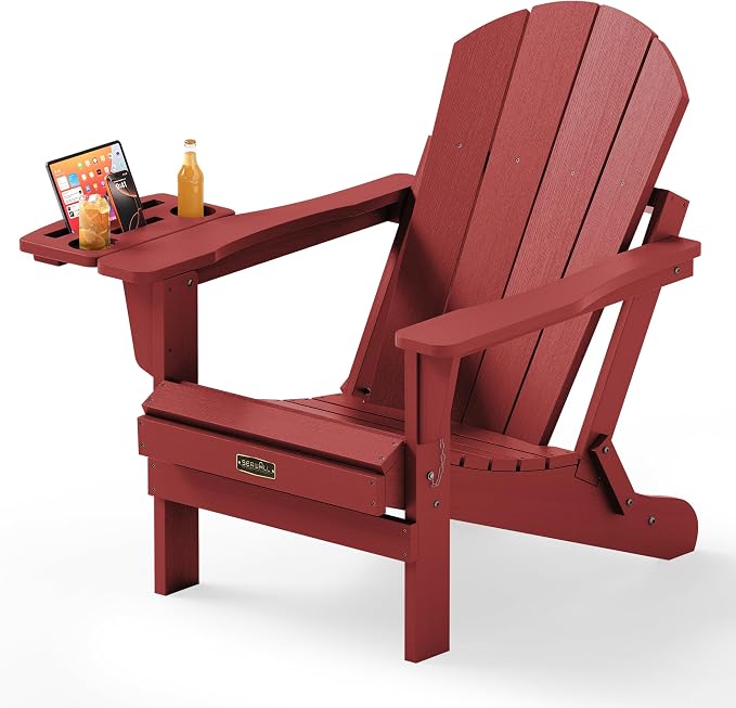 SERWALL Folding Adirondack Chair, Outdoor Adirondack Chairs with 4 in 1 Cup Holder, Wood Texture, Weather Resistant Plastic Patio Fire Pit Chairs for Garden, Backyard, Deck, Lawn - Green by SERWALL