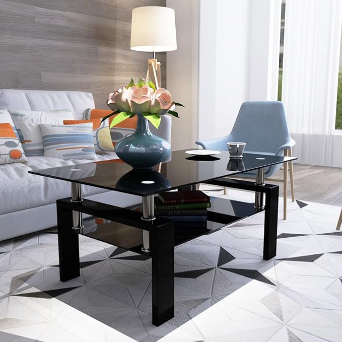 Rectangle Glass Coffee Table, Clear Coffee Table Modern Side Center Tables Furniture for Living Room,All Black