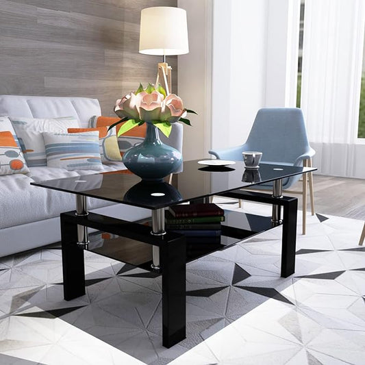 Rectangle Glass Coffee Table, Clear Coffee Table Modern Side Center Tables Furniture for Living Room,All Black