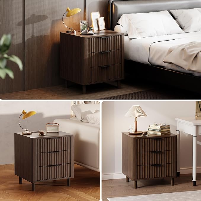Fluted Nightstand with Charging Station, Multifunctional 3 Drawers Storage Bedside Table, Solid Wood Modern Nightstand, Curved Profile Design, End Table for Indoor Room Bedroom Office, Walnut - Image 7
