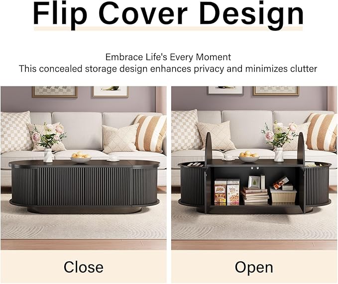 HSH Oval Coffee Table with Storage, 47” Modern Coffee Table with Press Type Door, Fluted Living Room Tables with 2 Flip-Top Hidden Lids, Wood Center Table for Living Room, Office, Black