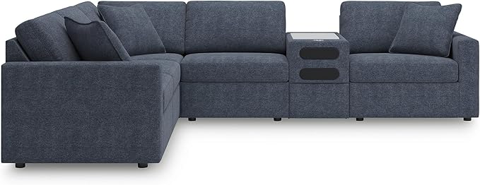 Signature Design by Ashley Modmax Contemporary Stain Resistant Left-Arm Facing 6-Piece Sectional with Audio Console, Armrest, Throw Pillows and Reversible Cushions, Blue