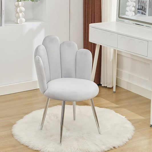 Vanity Chair for Makeup Room - Midcentury Modern Accent Chair for Living Room Bedroom, Makeup Chair with Back Support Velvet Chair with Metal Legs (Light Grey)