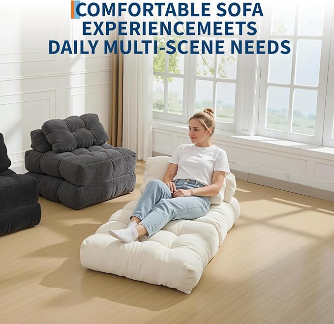 Folding Sofa Bed, Convertible Sleeper Chair with Pillow Foldable Matress with Back Support, Portable Fold Out Chair Bed Comfy Floor Sofa Lounge for Living Room Bedroom, Beige, Single
