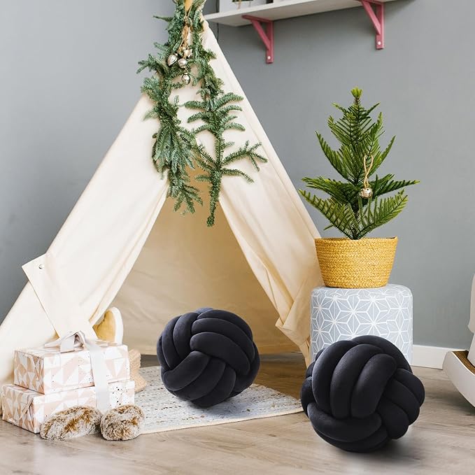 Namalu 2 Pcs Soft Knot Pillow Ball, Decorative Round Throw, Soft Knotted Plush Pillows, Handmade Stuffed Ball Pillows Cushion for Bedroom Sofa Couch Home Decor(10.6 Inches,Black)