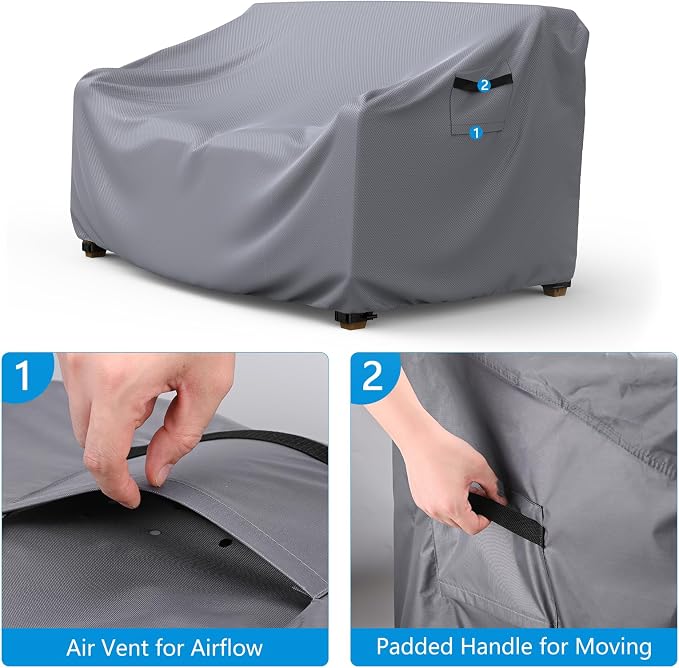 Heavy Duty Patio Sofa Cover, Mrrihand 3-Seater Outdoor Sofa Loveseat Cover, Outdoor Patio Furniture Cover with Air Vent and Handles, 85" W×35" D×35" H, Grey - Image 4