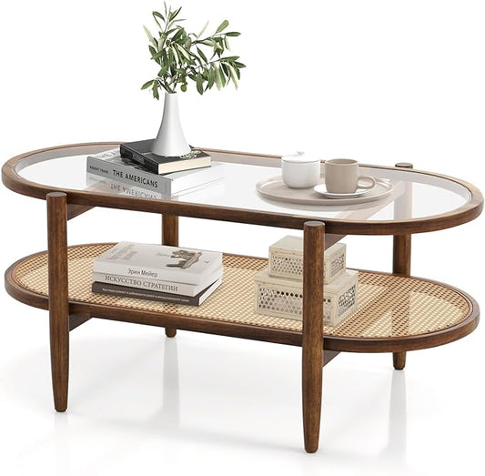 Tangkula Rattan Coffee Table, 40”L Boho Oval Acacia Wood Cocktail Table with Tempered Glass Tabletop & PE Rattan Storage Shelf, 2-Tier Tea Center Table for Living Room Office Reception (Boho, Brown)