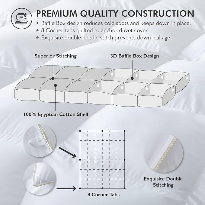 Luxurious All-Season Goose Down Feather Fiber Heavy Weight White Solid Comforter Super King Size Duvet Insert (120x120), Premium Baffle Box, 100% Egyptian Cotton Cover, 85 oz. Fill Weight