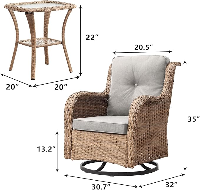 Rilyson Patio Chairs Rocking Swivel Chiar - 3 Piece Outdoor Wicker Patio Bistro Set Rattan Rocker Glider Chairs with High Back and Deep Seating for Outside Porch Deck Garden(Yellow/Beige)