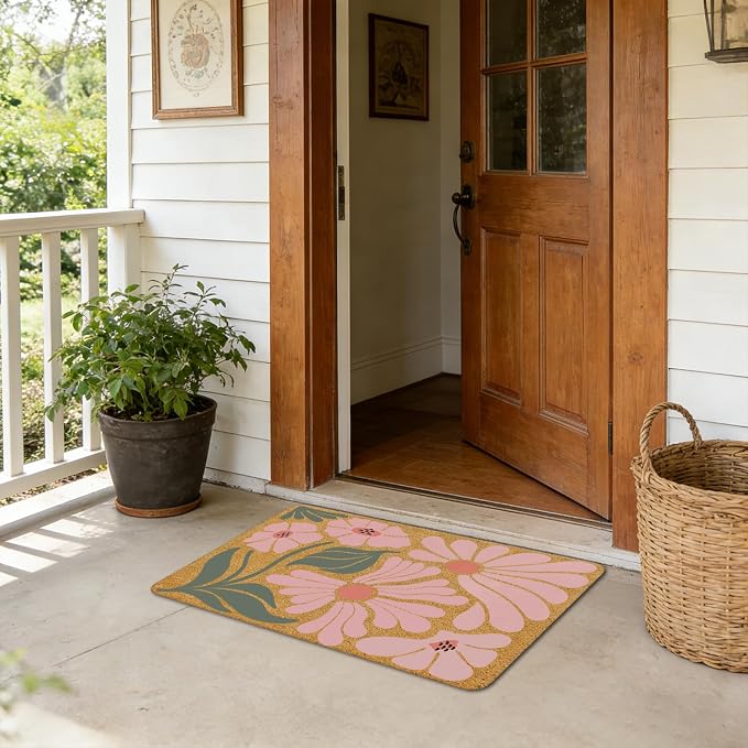 70s Retro Groovy Boho Pink Floral Faux Coir Door Mat Doormat for Front Door Indoor Outdoor Porch Entrance Entryway Outside Inside, Mid Century Modern Boho Flower Welcome Mat, 17x30 Inches - Image 4