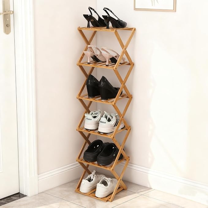 Bamboo Shoe Rack 6 Tier Foldable Shoe Rack Narrow Vertical Shoe Organizer Free Standing Shelf, Multifunctional Slim Storage for Entryway, Corner, Bedroom, Hallway, Wood Color by Fengzhizhu