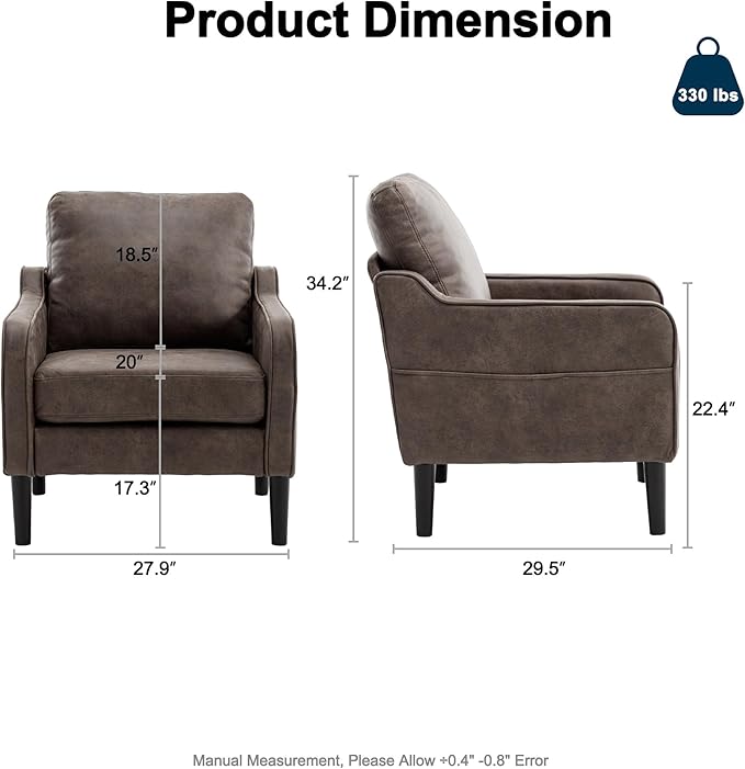 Ribilake Brown Accent Chair - Upholstered Armchair with Side Pockets, Comfy Living Room Arm Chair, Faux Leather Reading Accent Chairs for Bedroom, Living Room, Apartment, Office