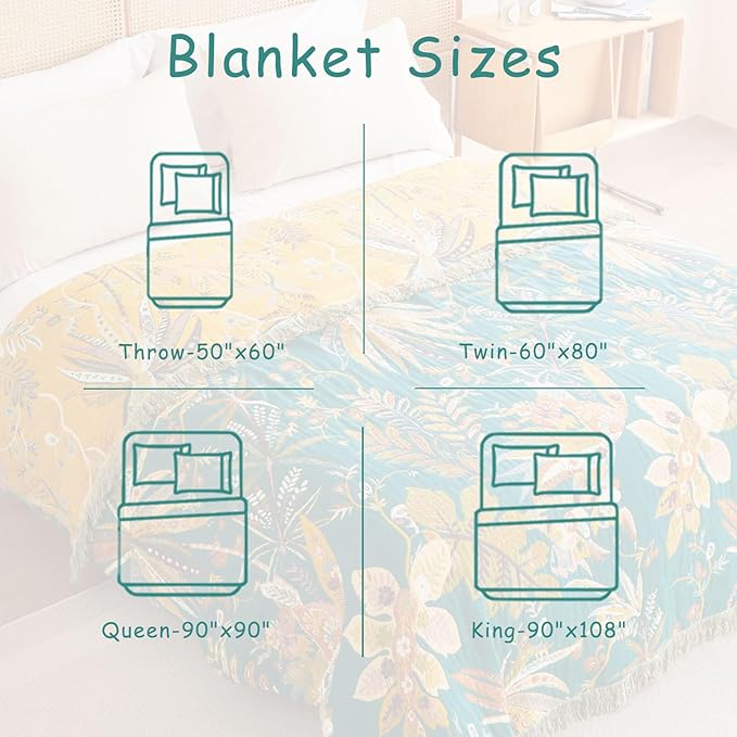 Boho Throw Blanket - 50"x60" Soft Cotton Throw Blanket Muslin Blankets for Bed, Reversible Lightweight Spring Blanket with Floral Printed, All Season Farmhouse Decor Rustic Blanket