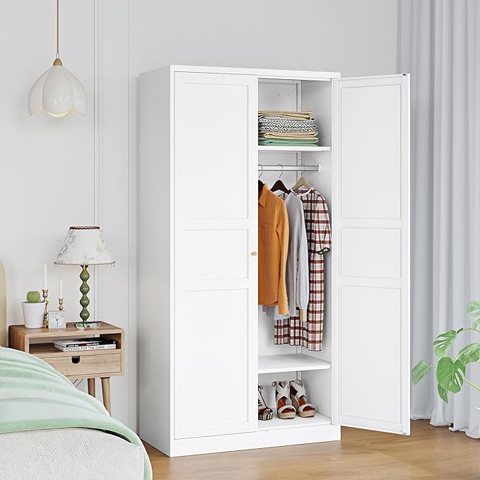 Metal Armoire Wardrobe Closet Cabinet,White Armoire Wardrobe Closets Storage Cabinets with Doors and Adjustable Shelves for Laundry Room,Bedroom,Bathroom