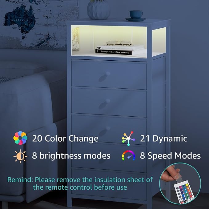 BOLUO White Dresser with 5 Drawers Tall Nightstand with Charging Station and LED Light, Bedside Table Room Storage Drawers Closet - Image 6