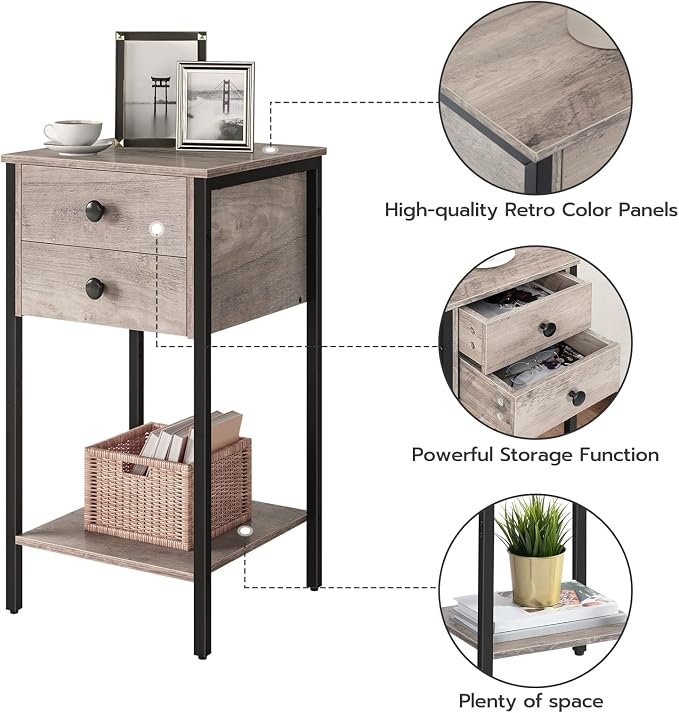 HOOBRO Tall Nightstand, End Table with 2 Drawers and Storage Shelf, Industrial Telephone Side Table for Study, Bedroom, Space Saving, Easy Assembly, Greige and Black BG72BZ01 - Image 7