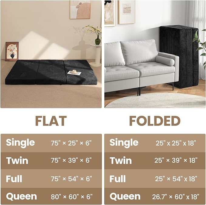 6-Inch Tri-Folding Mattress Queen Size - Foldable Futon Sofa Bed with Removable Washable Cover, Folding Futon Mattress | Non-Slip Bottom & Carry Handles for Guest, Camping, Dorm