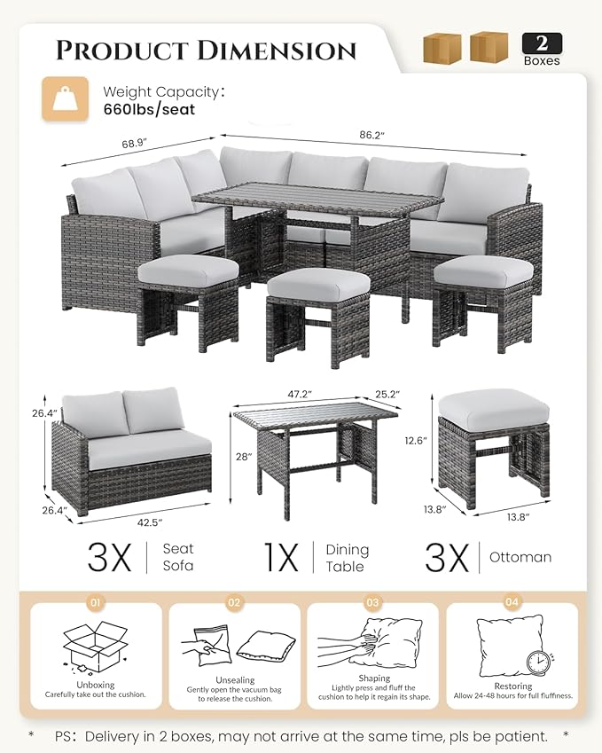 U-MAX 7 Pieces Patio Furniture Set, Outdoor Sectional Sofa Conversation Set, All Weather Wicker Rattan Dining Table & Chair with Ottoman, Grey Rattan&Light Grey Cushion