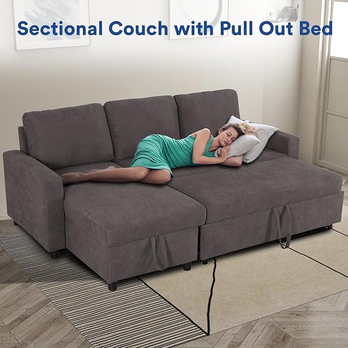 Rovibek 83" Convertible Sofa Bed Couch with Storage - 4 in 1 L Shaped Sofa with Pull Out Couch Bed for Living Room, Apartment, Office, Small Spaces, Coffee