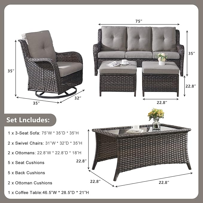 Rilyson Wicker Patio Furniture Set - 6 Piece Rattan Outdoor Sectional Conversation Sets with 2 Swivel Rocking Chairs,2 Ottomans,1 Sofa and 1 Coffee Table for Porch Deck Garden(Brown/Grey)