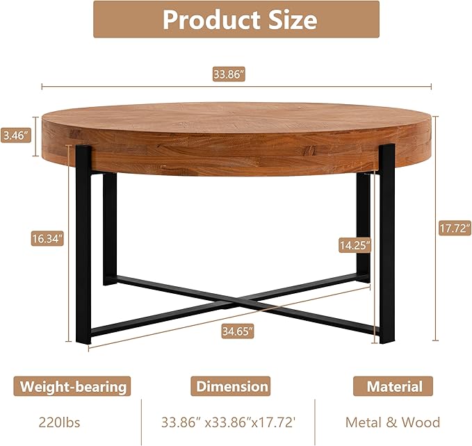 33.86" Round Coffee Table with X-Shaped Black Metal Legs, Solid Wood Circle Table for Living Room, Retro Circular Table, Natural+Black