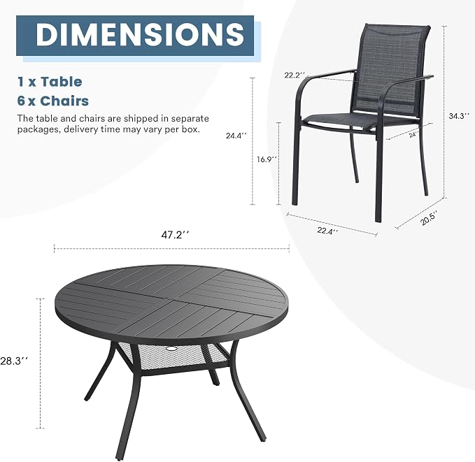 DIFY Patio Dining Set for 6, 7 Piece Outdoor Table and Chairs Set, 47.2" Black Round Metal Patio Dining Table and 6 Grey Textilene Stackable Patio Chairs, for Backyard Garden Poolside - Image 8