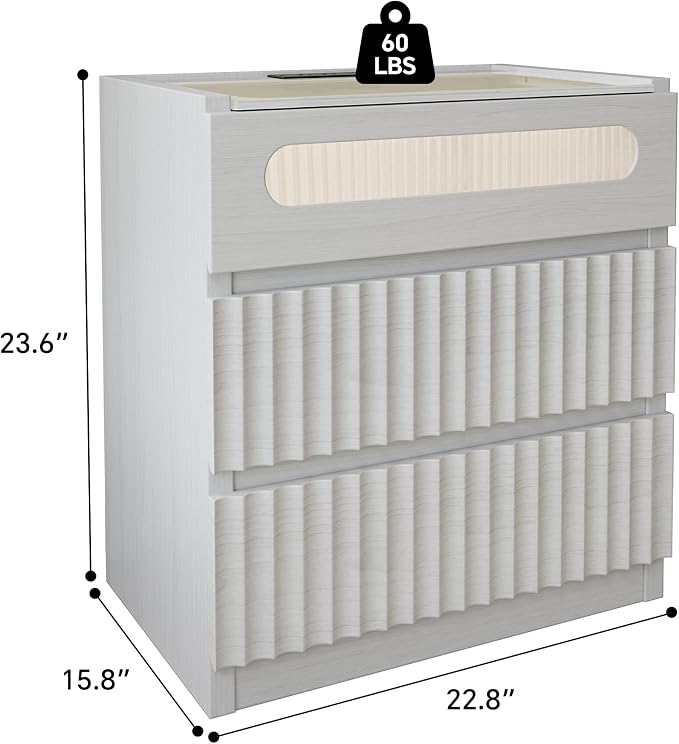 NightStand Set of 2 with Charging Station,with LED Lights and Tempered Glass Panel,Modern Bedside Tablewith 2 Fluted Drawers and One Glass Drawer,Hidden Handles End Table,Bedroom of Nightstand(White) - Image 2