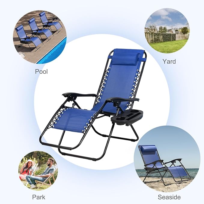 Nazhura Set of 2 Relaxing Recliners Patio Chairs Adjustable Steel Mesh Zero Gravity Lounge Chair Beach Chairs with Pillow and Cup Holder (Blue) - Image 7