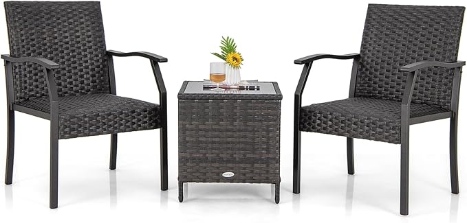 Tangkula 3 Pieces Patio Wicker Chair Set, Waterproof All Weather Resistant Heavy Duty Outdoor Conversation Set with Quick Dry Foam Seating, for Poolside, Backyard, Garden (Mix Brown)
