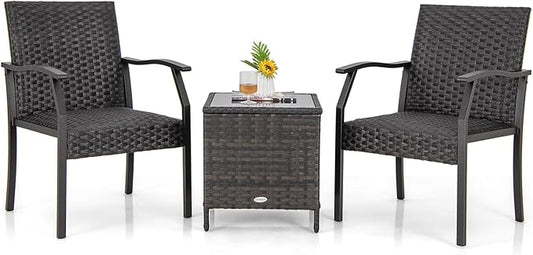 Tangkula 3 Pieces Patio Wicker Chair Set, Waterproof All Weather Resistant Heavy Duty Outdoor Conversation Set with Quick Dry Foam Seating, for Poolside, Backyard, Garden (Mix Brown)