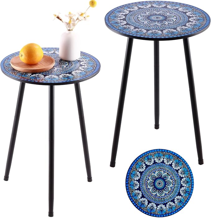Metal Outdoor Side Tables Set of Two Small Outside Round End Table for Patio Modern Accent Garden Corner Table for Small Spaces, Balcony, Porch, Weather-Resistant, Plant Stand Indoor, Blue by PartyZealot