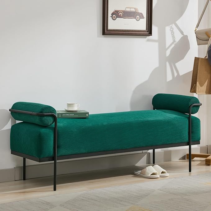 SOFTHION Entryway Bench End of Bed Bench 61.2",Modern Upholstered Bench Ottoman,Corduroy Paded Footrest Stool with Metal Legs for Living Room, Foyer Mudroom Hallway,Green by SofthionDesign