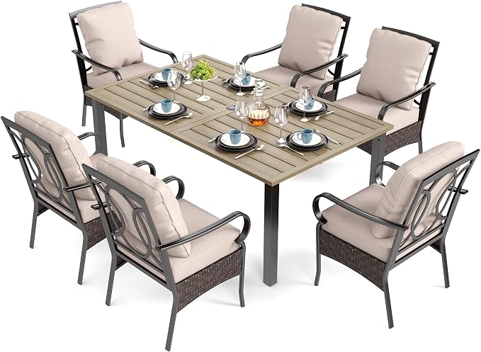 SUNSHINE VALLEY 7 Piece Patio Dining Sets for 6, Outdoor Table and Chairs with Cushioned Wicker Patio Dining Chairs & Wood-Like Dining Table (1.61-2”Umbrella Hole), Outdoor Dining Sets for Backyard - Image 9