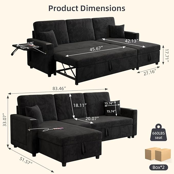 L-Shape Sleeper Sofa with Pull-Out Couch Bed, Storage & Ports, Cup Holders, Side Pockets & Side Table for Living Room, Apartment, Jet Black
