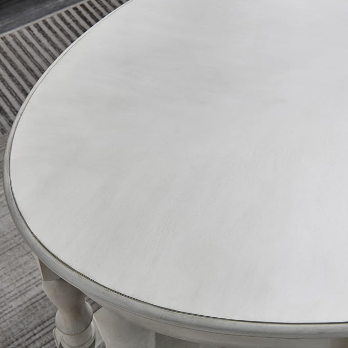 MODERION Coffee Table with Drawer, Solid Wood Oval Center Table with Storage Shelf, Traditional Living Room Table with Elegant Vintage Style, 45” x 27.6” x 18.2” Antique White KFZ2233RW