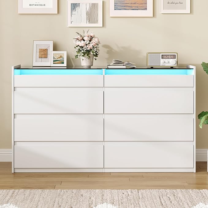 LIVAUVEAD White 8 Drawer Dresser for Bedroom with LED Light, Modern Dresser Chest of Drawers with Hidden Handles and Glass Top, Dressers Organizer for Bedroom, Closet, Living Room