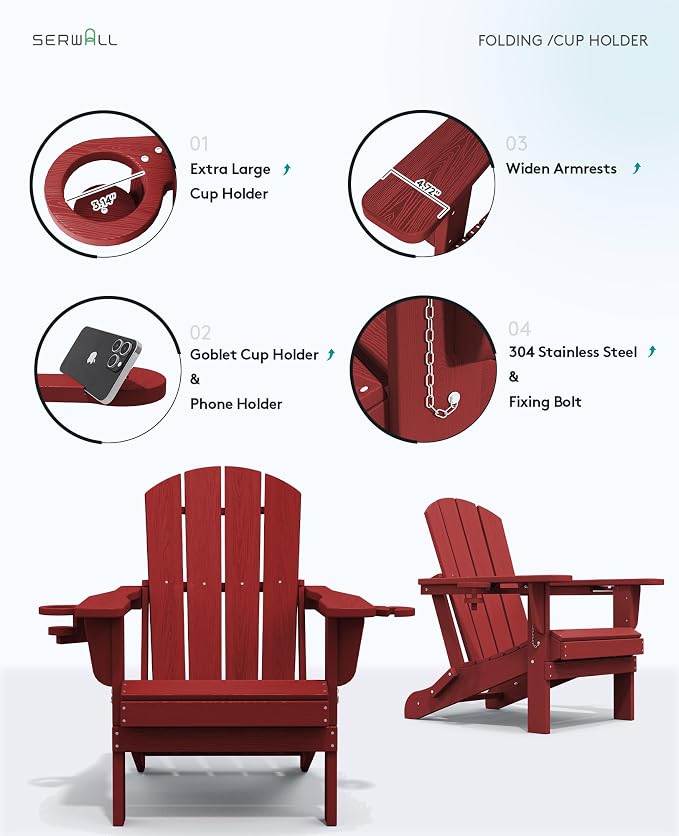 SERWALL Adirondack Chair with Cup Holders - Composite Adirondack Chairs HDPE Outdoor Chairs All Weather Use- Dark Red - Image 8