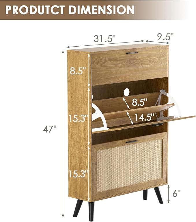 MU Natural Rattan Shoe Cabinet, Entryway Shoe Cabinet with 2 Flip Drawers and Hidden Cabinet, Boho Shoe Organizer Cabinet, Wooden Shoe Storage Cabinet for Entrance, Hallyway, Natural - Image 2