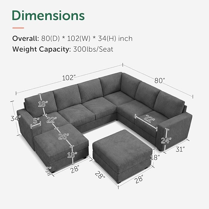 HONBAY Corduroy Sectional Couch with Storage, U Shaped Sectional Sofa, 8 Seater Sectional Couches for Living Room, Dark Gray