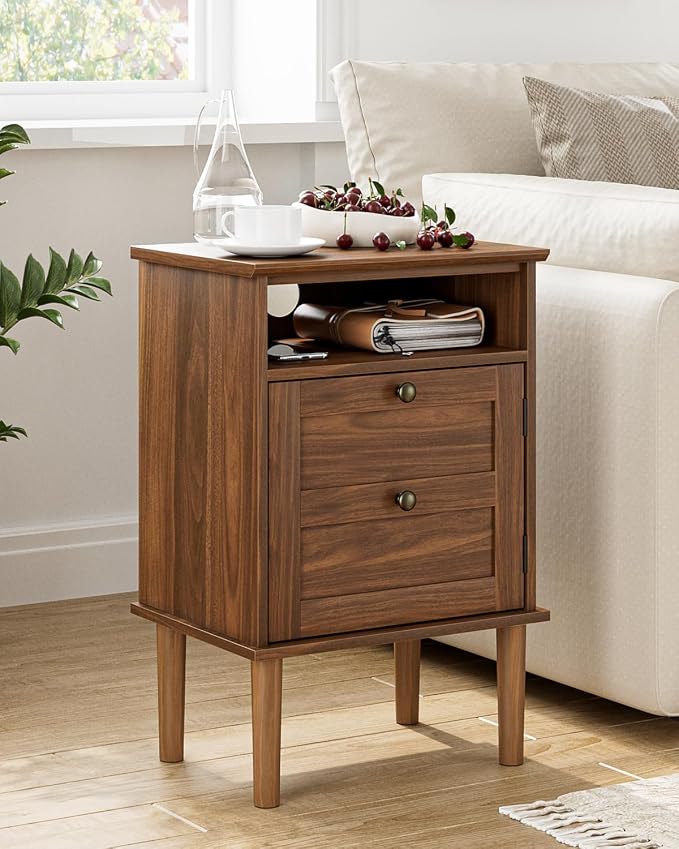 Nightstand, Boho Night Stand with 1 Drawer, Modern Side Accent Table with Open Shelf, Wooden Top Bedside End Table for Bedroom, Living Room, Walnut - Image 9