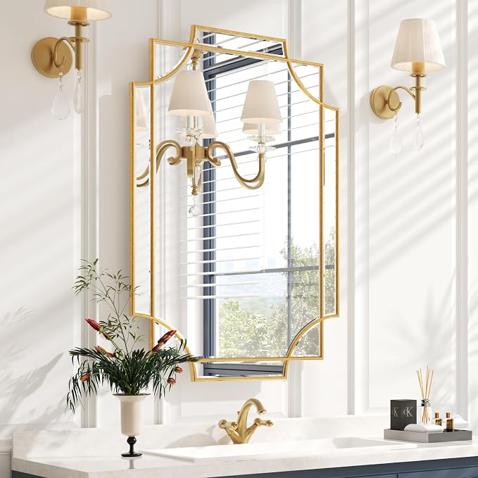 Kelly Miller Gold Bathroom Mirror for Wall, 24"x36" Large Decorative Mirror Gold Wall Mirror Vanity Mirror Beveled Wall Decor for Master Bath Half Bath Living Room Bedroom Fireplace Mantle Entryway by KellyMiller
